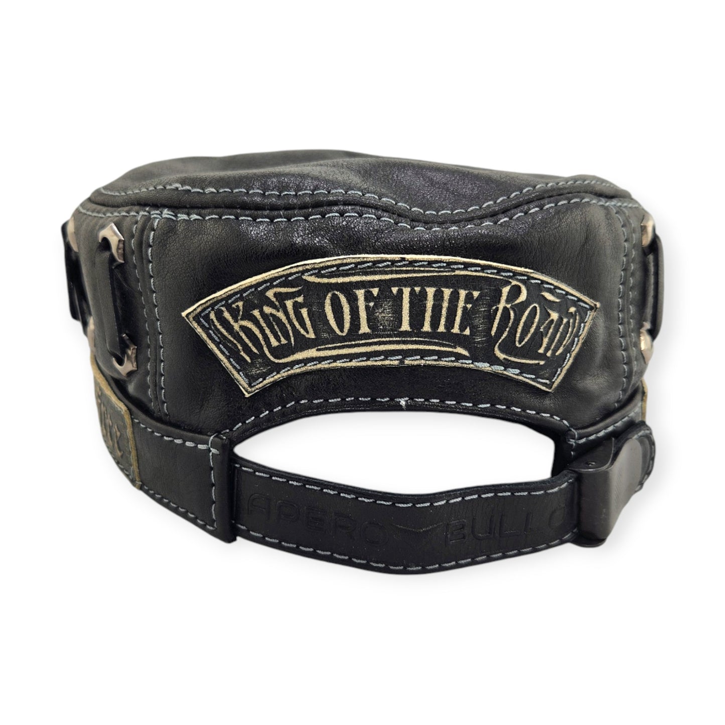Leather Biker Hat: Handmade Black Motorcycle Cap with “Live to Ride, Ride to Live” Patch & King of the Road Motto | Apero Bullo