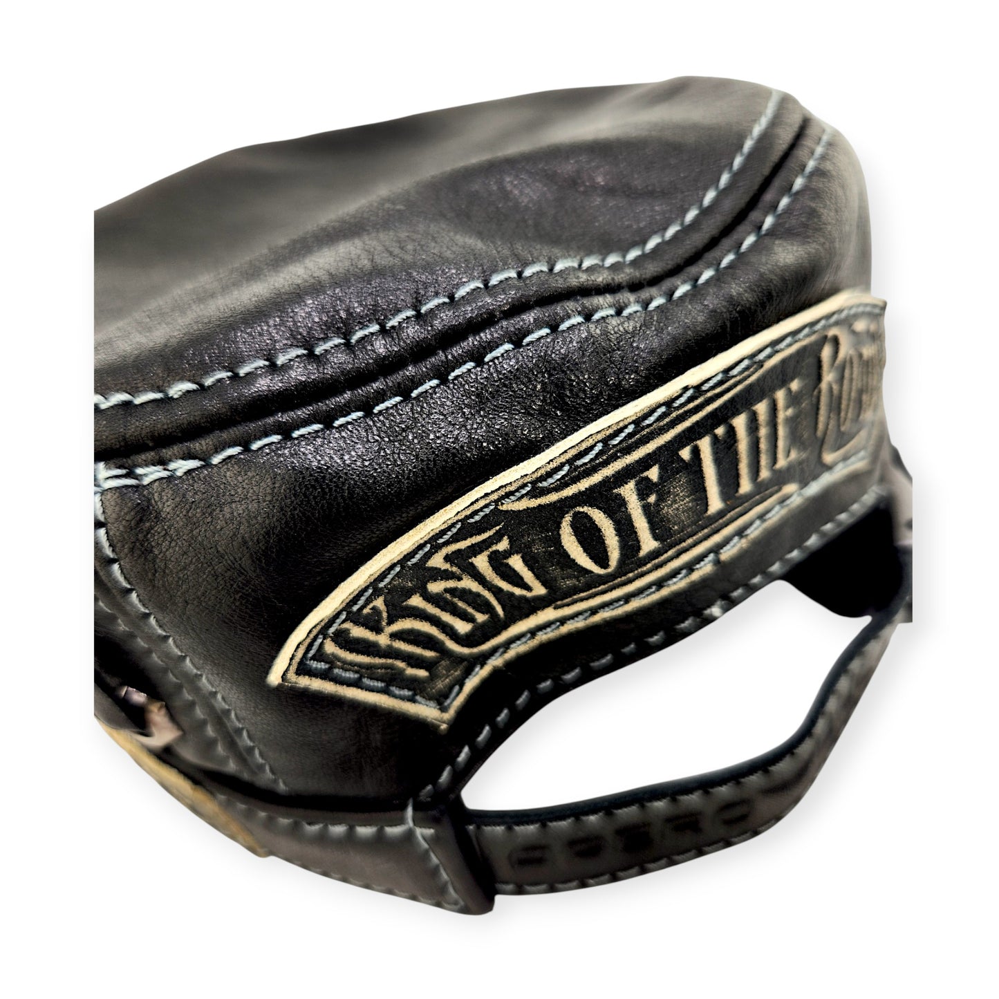 Leather Biker Hat: Handmade Black Motorcycle Cap with “Live to Ride, Ride to Live” Patch & King of the Road Motto | Apero Bullo