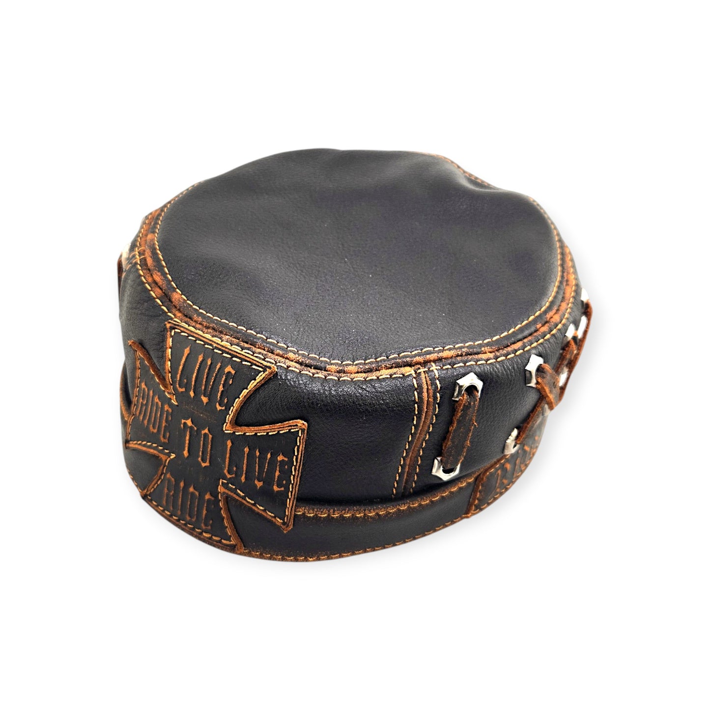 Leather Biker Hat: Handmade Black Motorcycle Cap with “Live to Ride, Ride to Live” Patch & Contrast Stitching | Apero Bullo