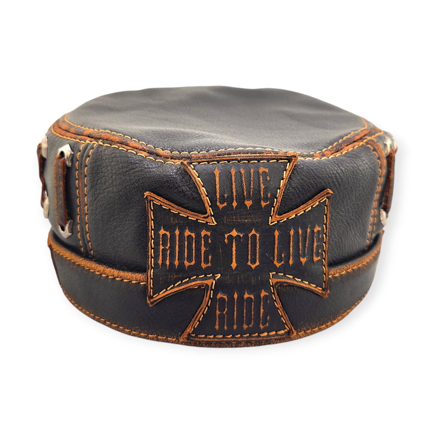 Leather Biker Hat: Handmade Black Motorcycle Cap with “Live to Ride, Ride to Live” Patch & Contrast Stitching | Apero Bullo