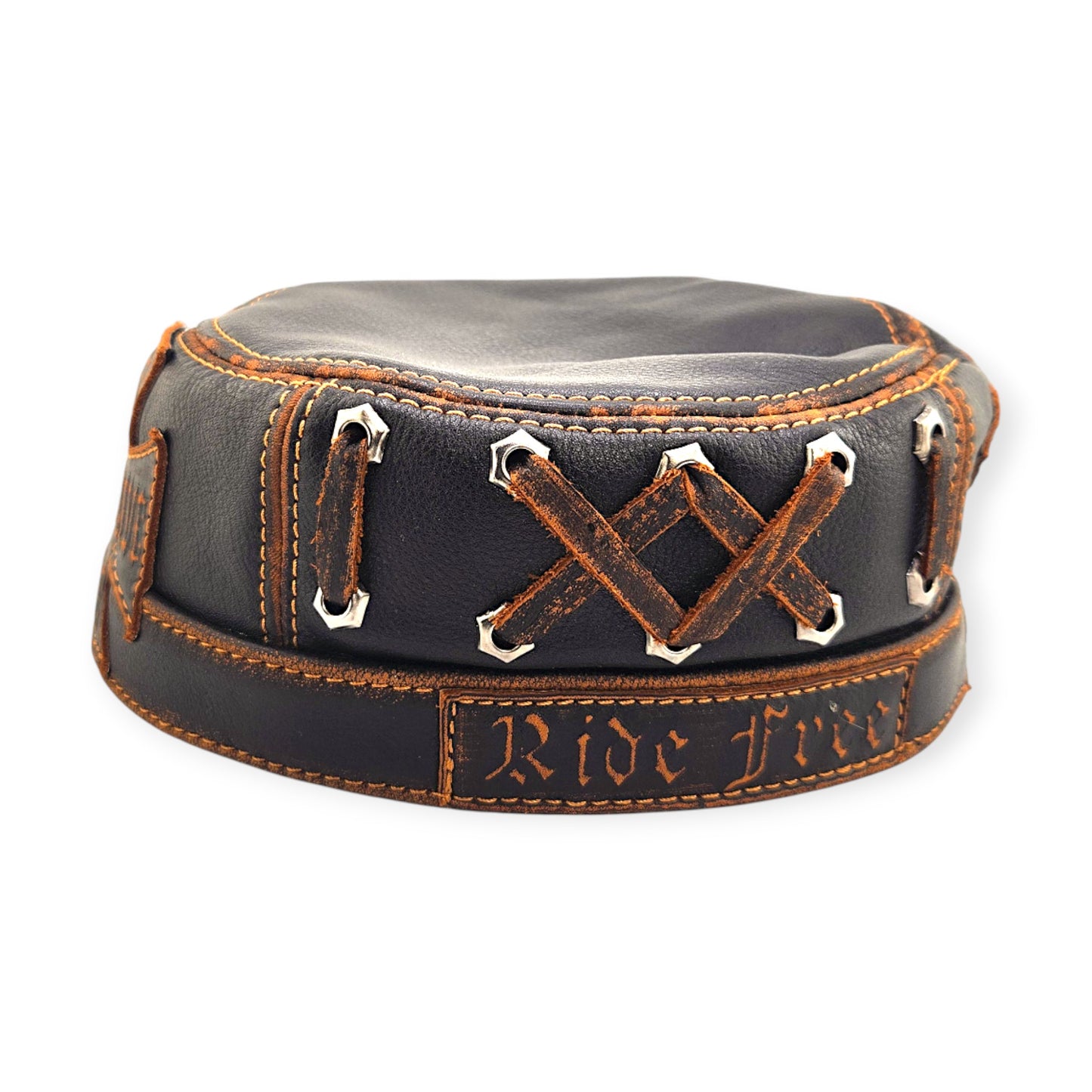 Leather Biker Hat: Handmade Black Motorcycle Cap with “Live to Ride, Ride to Live” Patch & Contrast Stitching | Apero Bullo