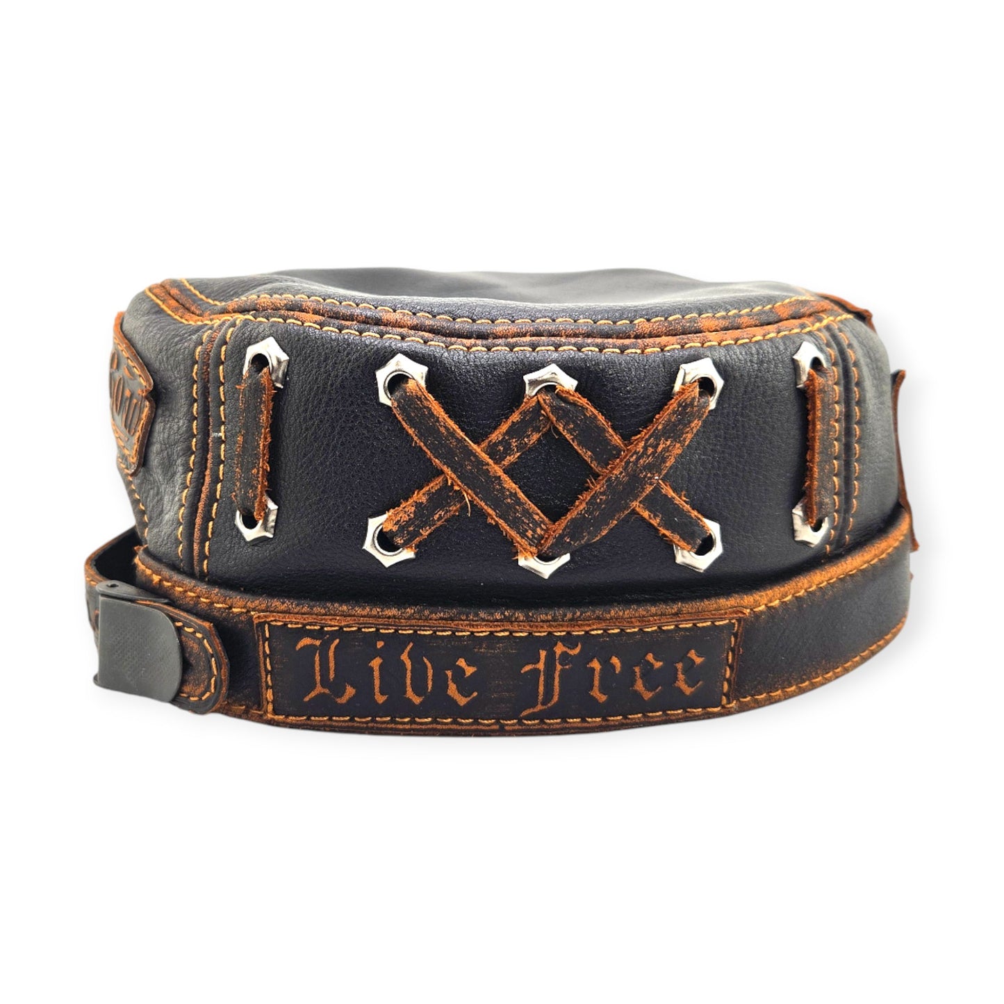 Leather Biker Hat: Handmade Black Motorcycle Cap with “Live to Ride, Ride to Live” Patch & Contrast Stitching | Apero Bullo
