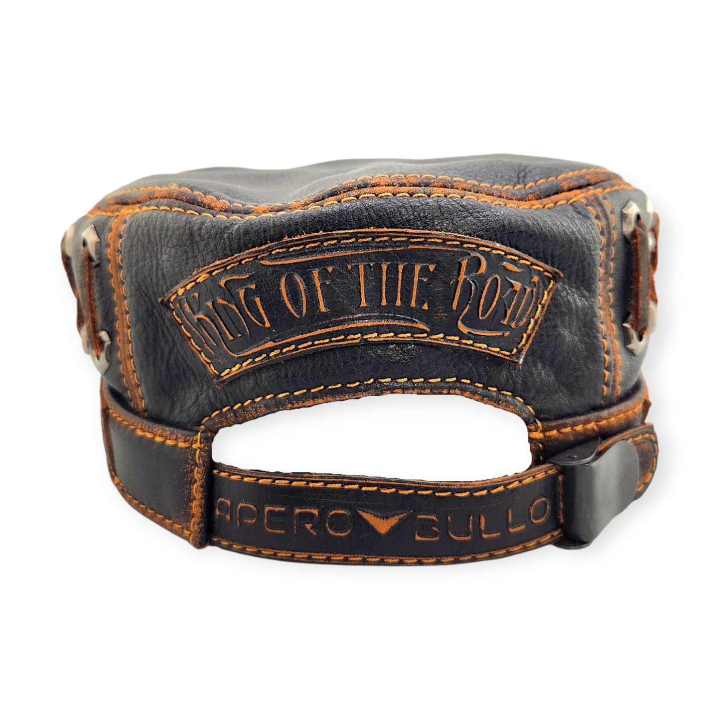 Leather Biker Hat: Handmade Black Motorcycle Cap with “Live to Ride, Ride to Live” Patch & Contrast Stitching | Apero Bullo