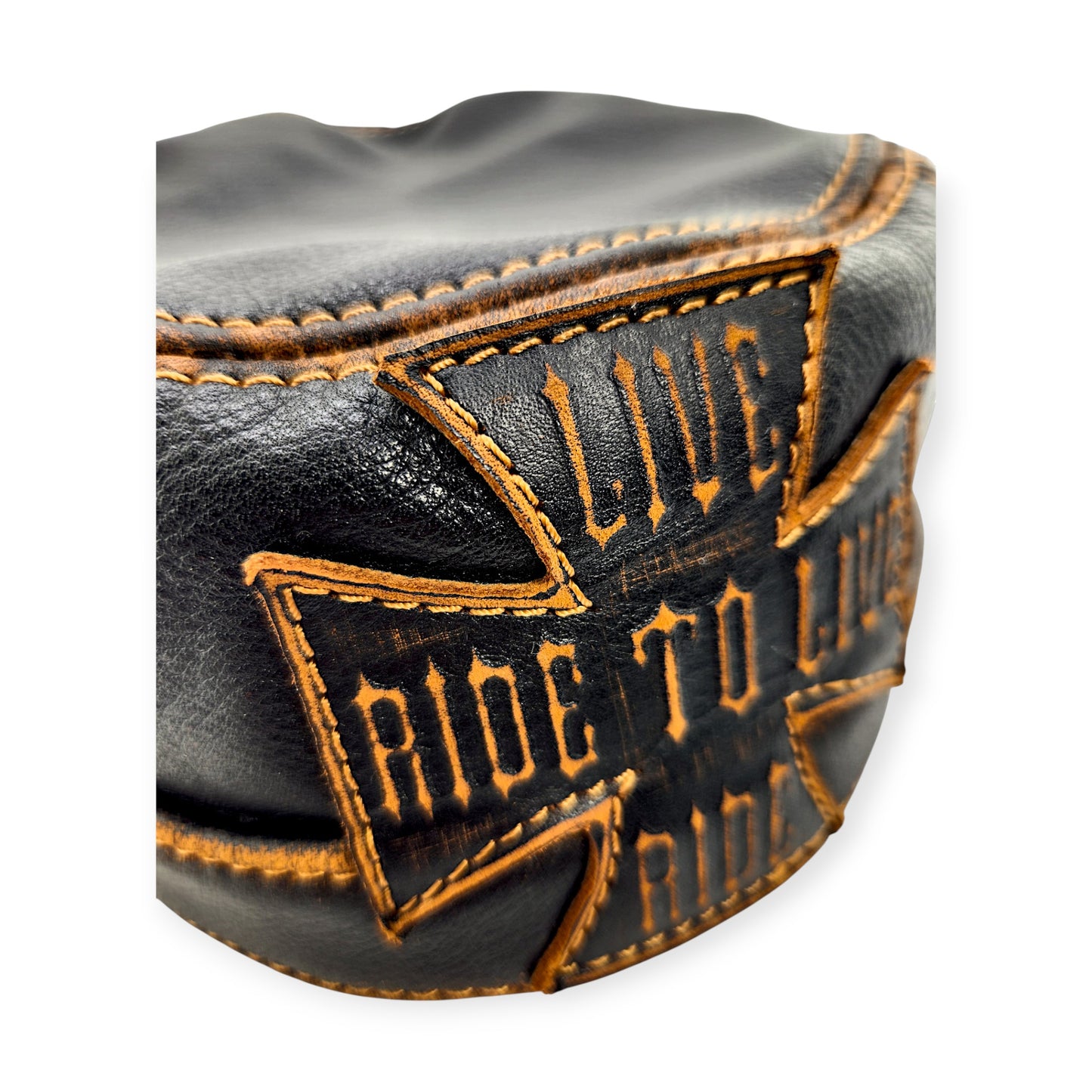 Leather Biker Hat: Handmade Black Motorcycle Cap with “Live to Ride, Ride to Live” Patch & Contrast Stitching | Apero Bullo