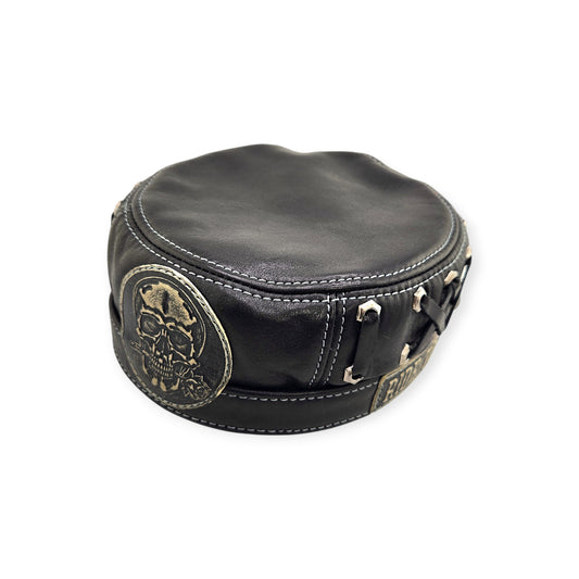 Leather Biker Hat: Handmade Black Motorcycle Cap with Skull Patch, “Ride to Live” Engraving & Lost Souls Back Design | Apero Bullo
