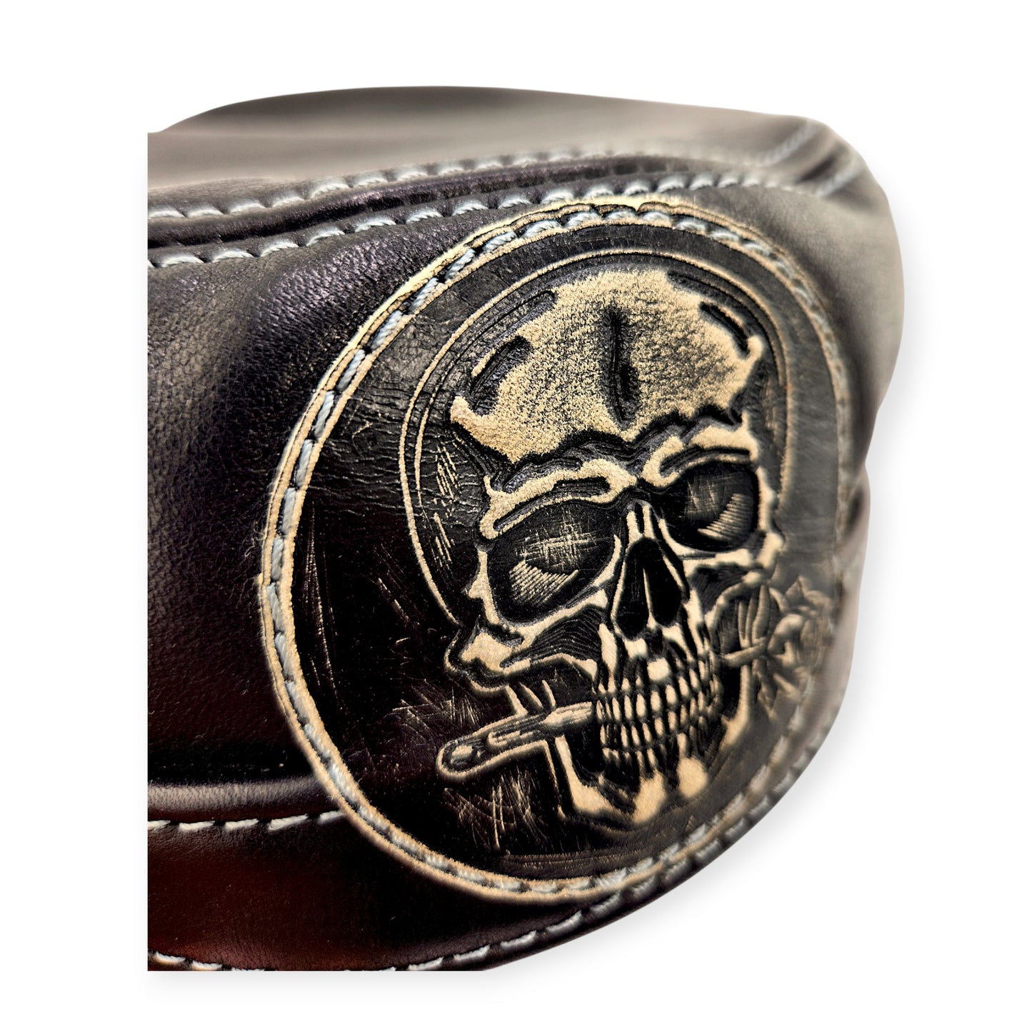 Leather Biker Hat: Handmade Black Motorcycle Cap with Skull Patch, “Ride to Live” Engraving & Lost Souls Back Design | Apero Bullo