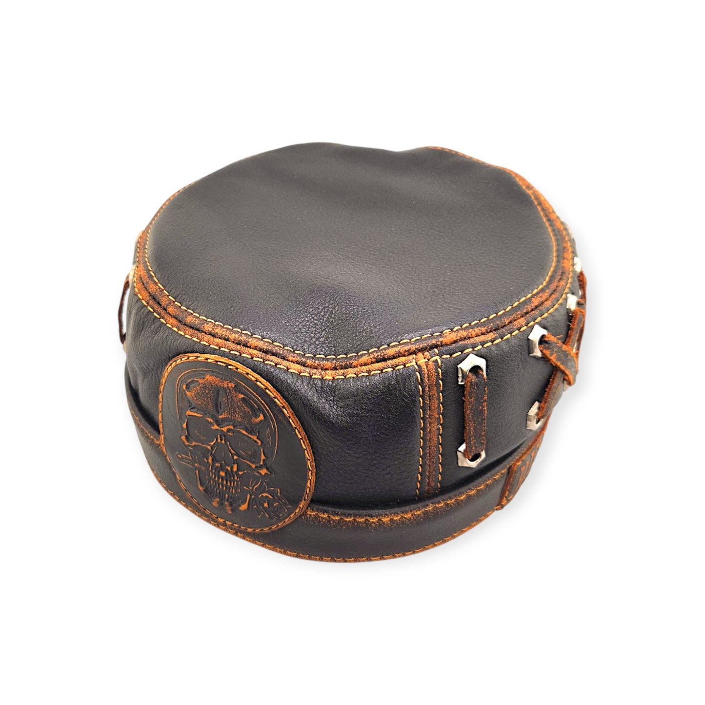 Leather Biker Hat: Handmade Black Motorcycle Cap with Skull & Rose Patch, “Ride to Live” Motto & Lost Souls Back | Apero Bullo