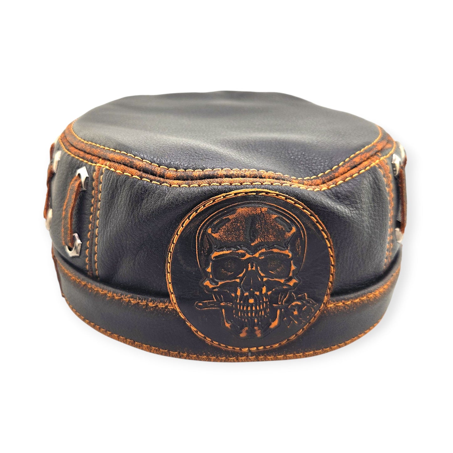 Leather Biker Hat: Handmade Black Motorcycle Cap with Skull & Rose Patch, “Ride to Live” Motto & Lost Souls Back | Apero Bullo