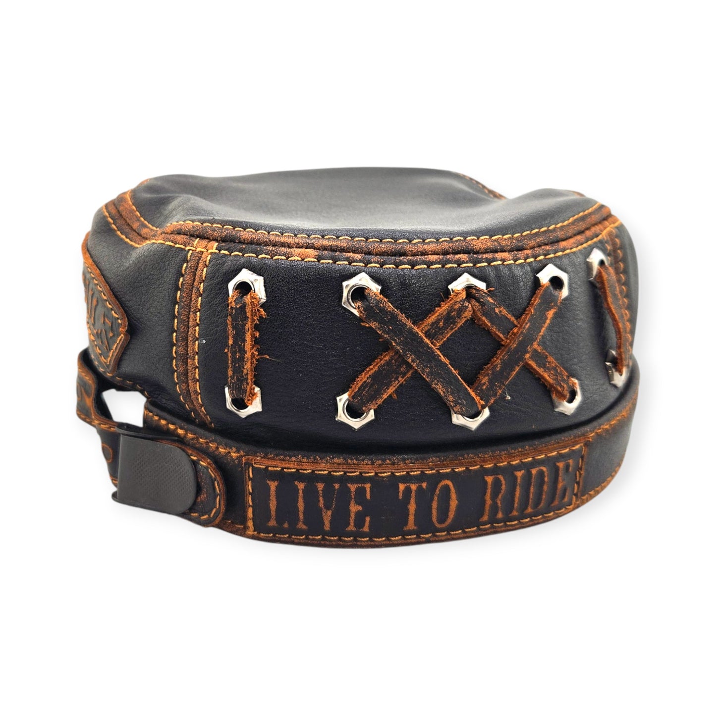 Leather Biker Hat: Handmade Black Motorcycle Cap with Skull & Rose Patch, “Ride to Live” Motto & Lost Souls Back | Apero Bullo