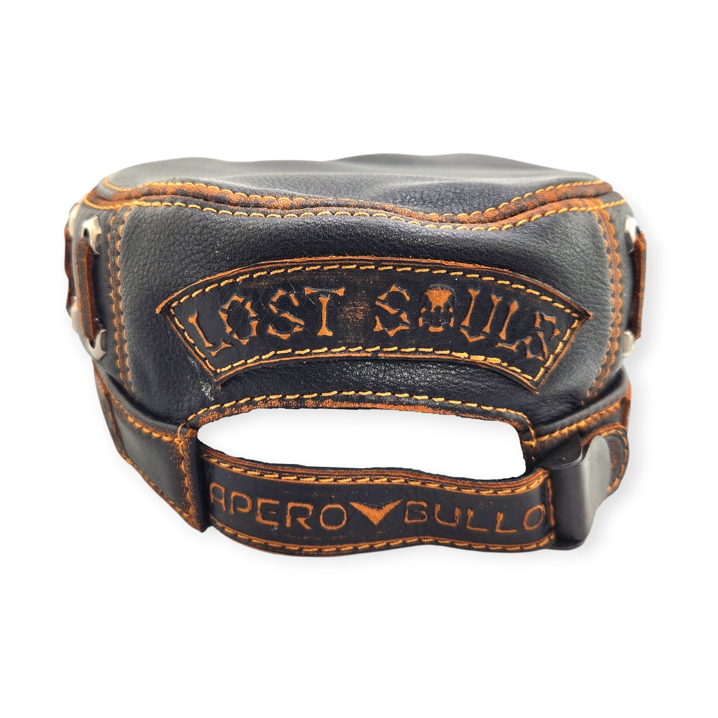 Leather Biker Hat: Handmade Black Motorcycle Cap with Skull & Rose Patch, “Ride to Live” Motto & Lost Souls Back | Apero Bullo