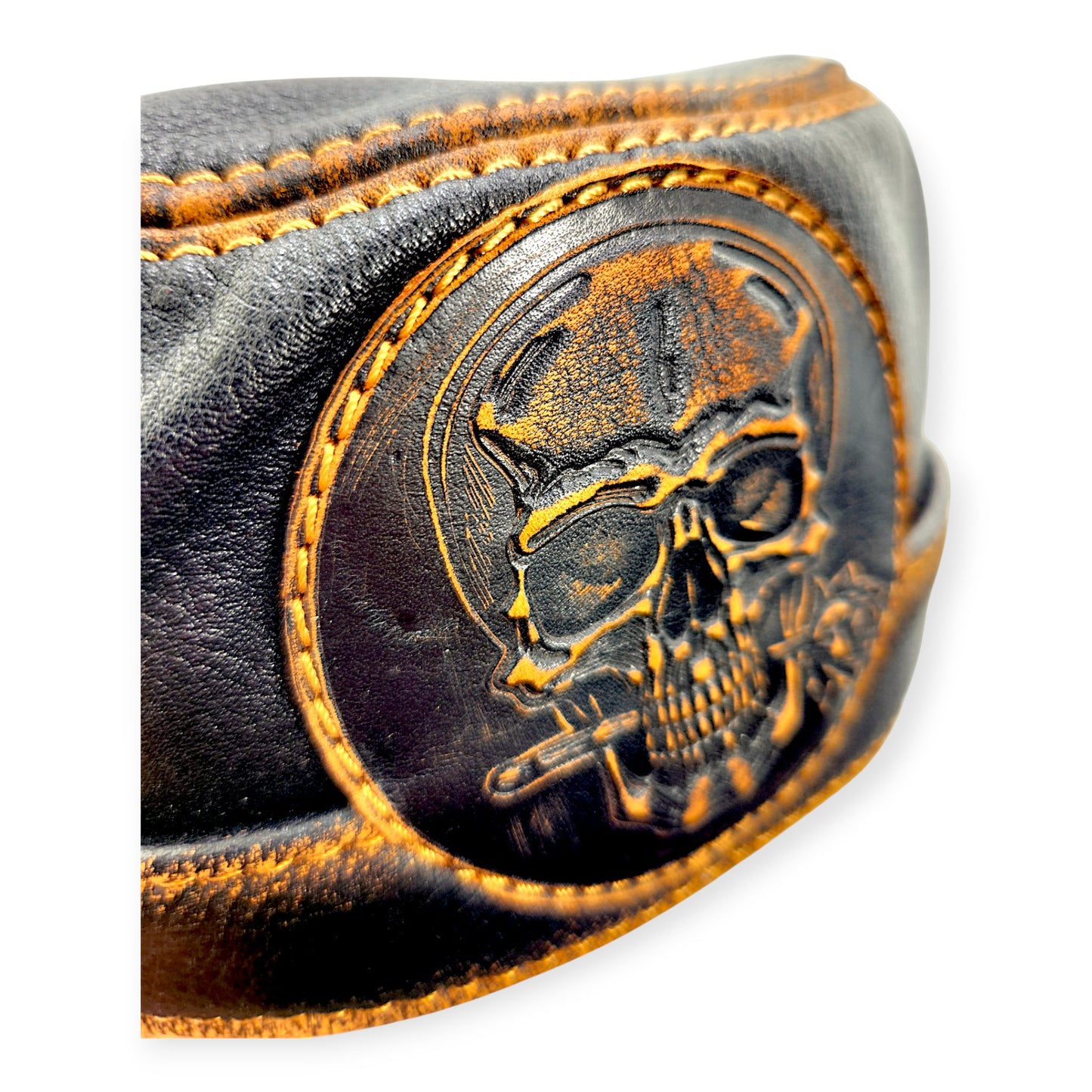 Leather Biker Hat: Handmade Black Motorcycle Cap with Skull & Rose Patch, “Ride to Live” Motto & Lost Souls Back | Apero Bullo