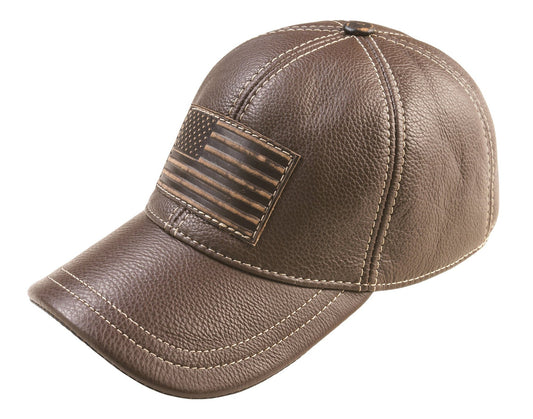 American Flag Patriotic Genuine Leather Brown Baseball Cap