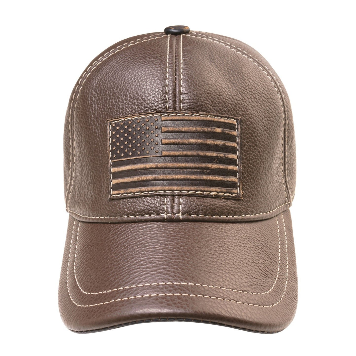 American Flag Patriotic Genuine Leather Brown Baseball Cap