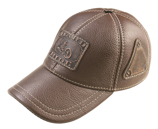 "Hard Ride" Geniune Leather Brown Baseball Cap