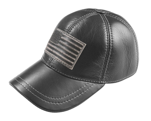 American Flag Patriotic Genuine Leather Black Baseball Cap