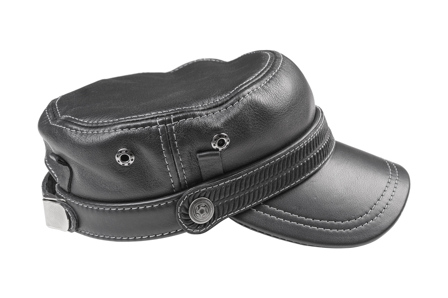 Biker Rocker Style Vintage Black Genuine Leather Cap