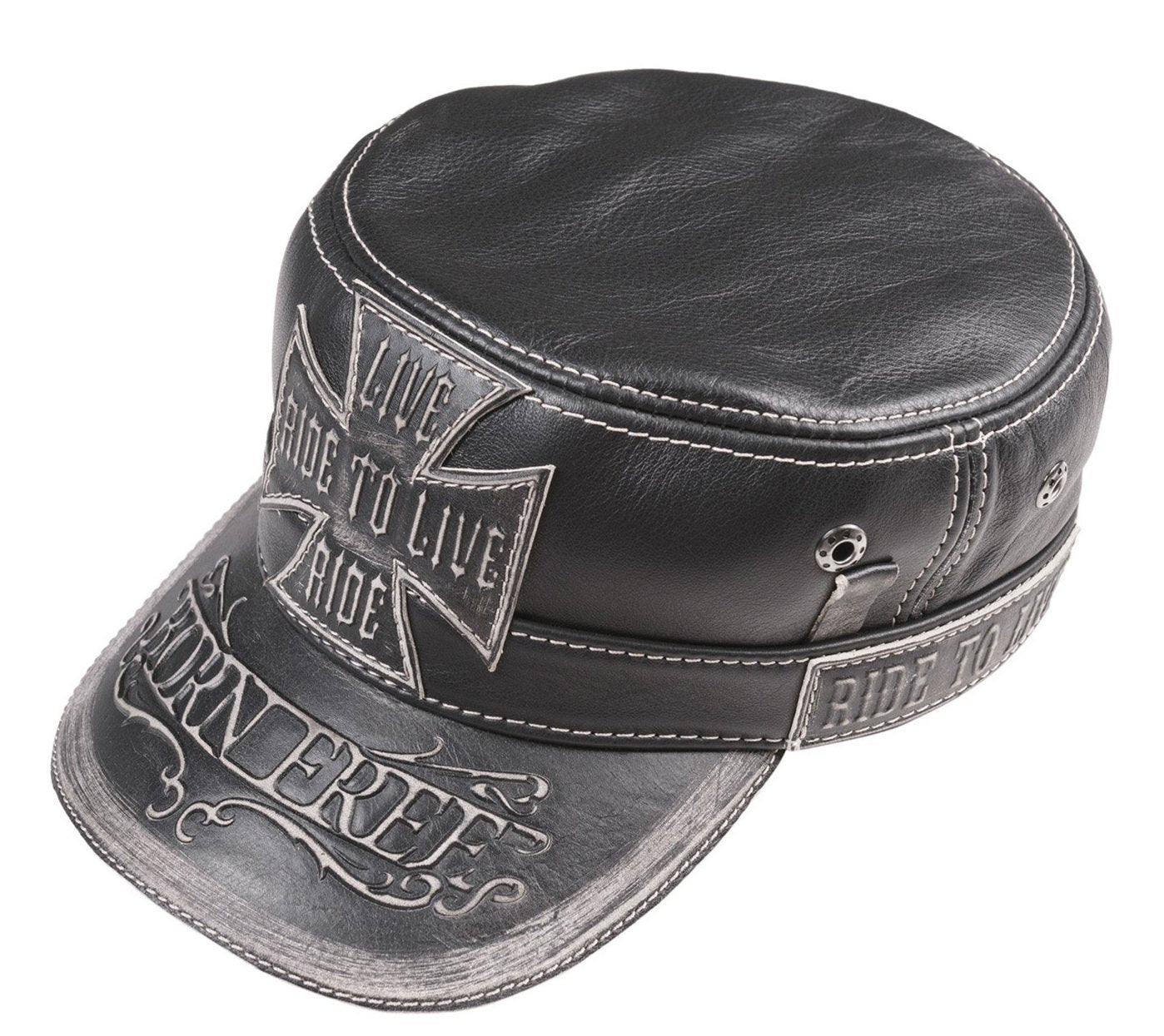 Vintage Black Leather Biker Cap - "Born Free, Live to Ride"