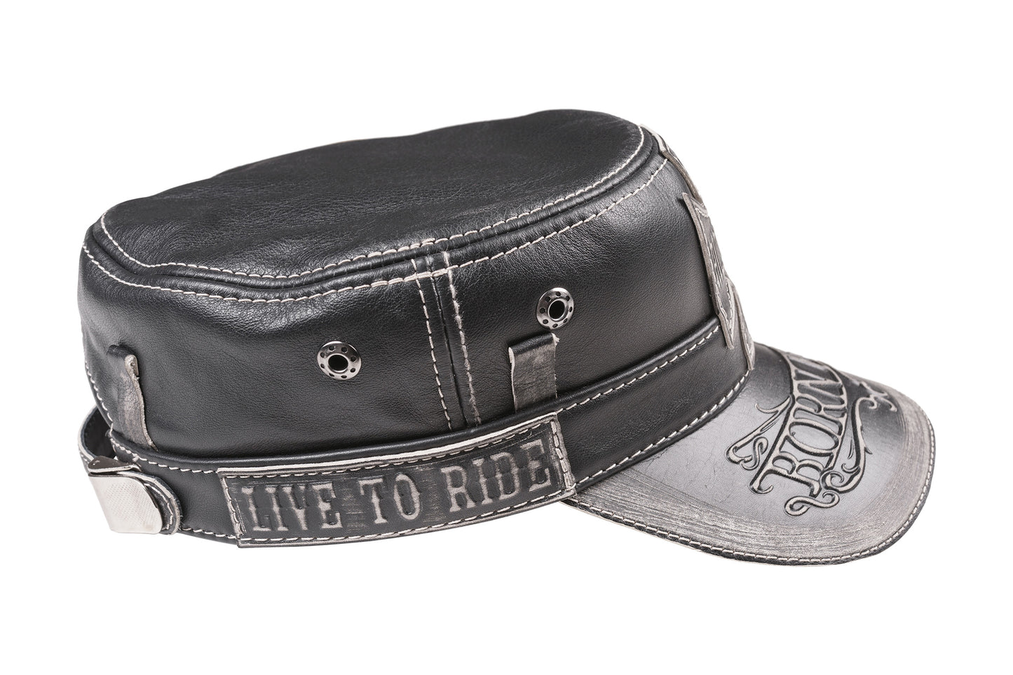 Vintage Black Leather Biker Cap - "Born Free, Live to Ride"