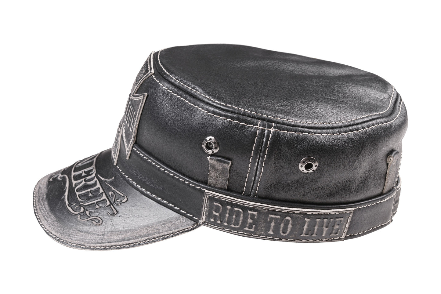 Vintage Black Leather Biker Cap - "Born Free, Live to Ride"