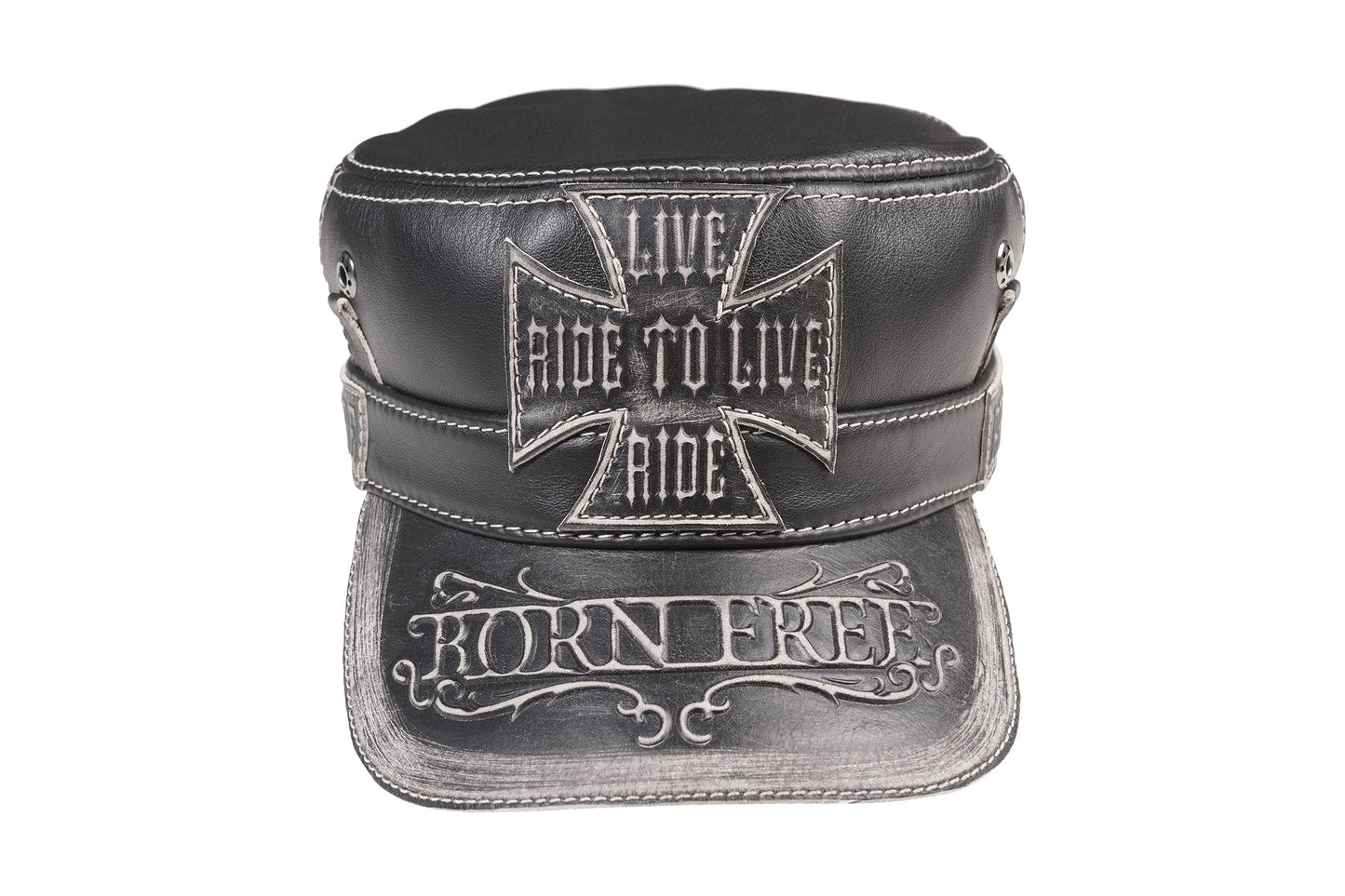 Vintage Black Leather Biker Cap - "Born Free, Live to Ride"