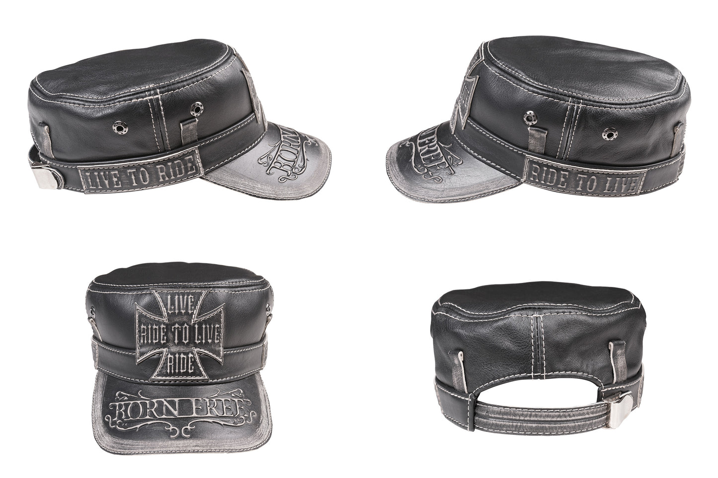 Vintage Black Leather Biker Cap - "Born Free, Live to Ride"