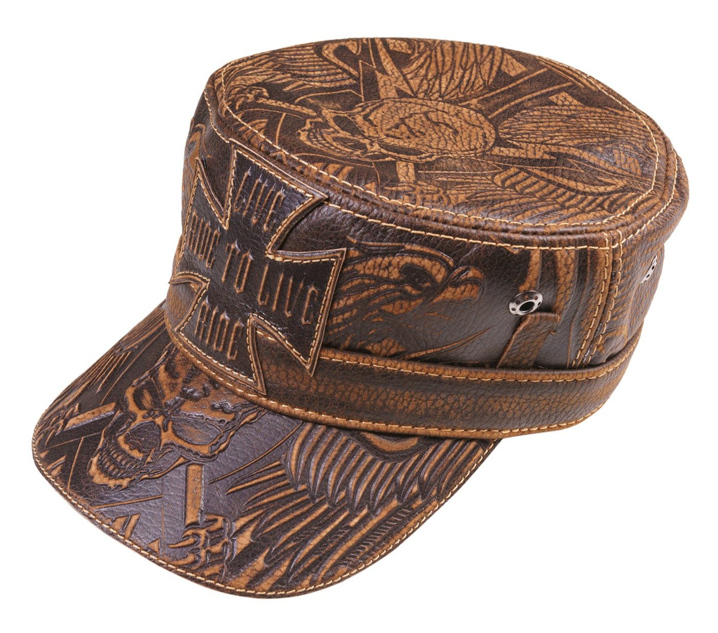 Vintage Leather Biker Cap with Embossed Skull & "Live to Ride"