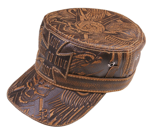 Leather Biker Hat: Handmade Brown Motorcycle Cap for Men with All-Over Skull Design, Iron Cross Patch and Ride to Live Motto | Apero Bullo