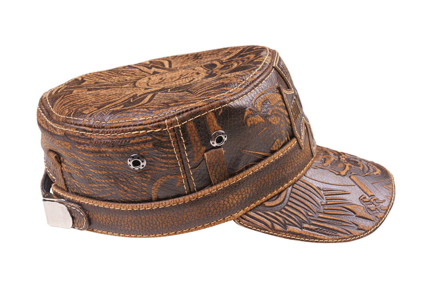 Vintage Leather Biker Cap with Embossed Skull & "Live to Ride"