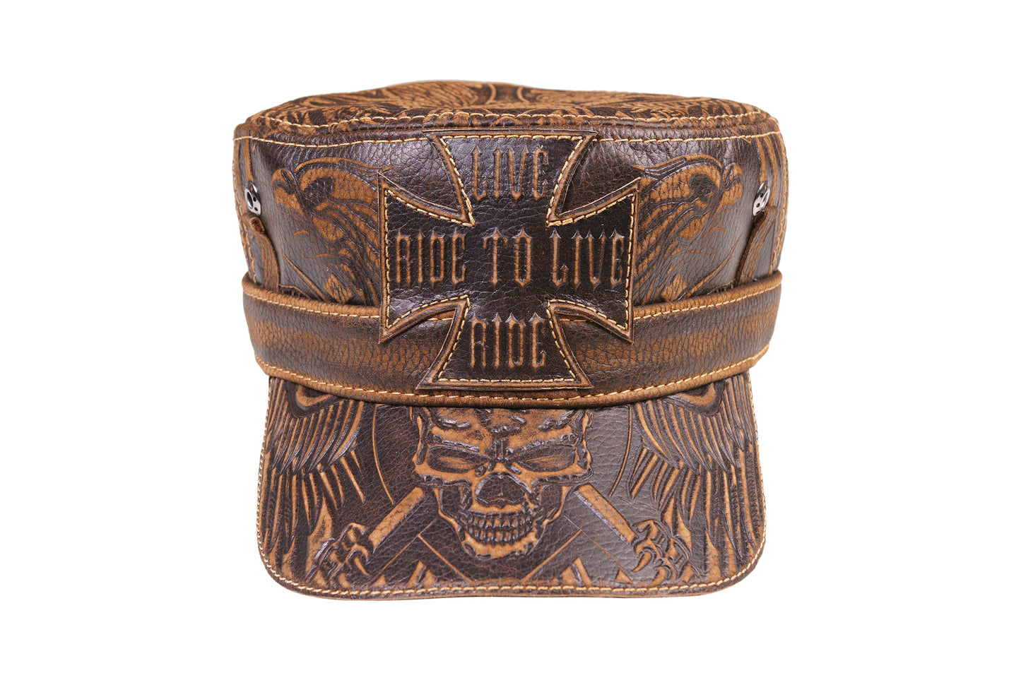 Vintage Leather Biker Cap with Embossed Skull & "Live to Ride"