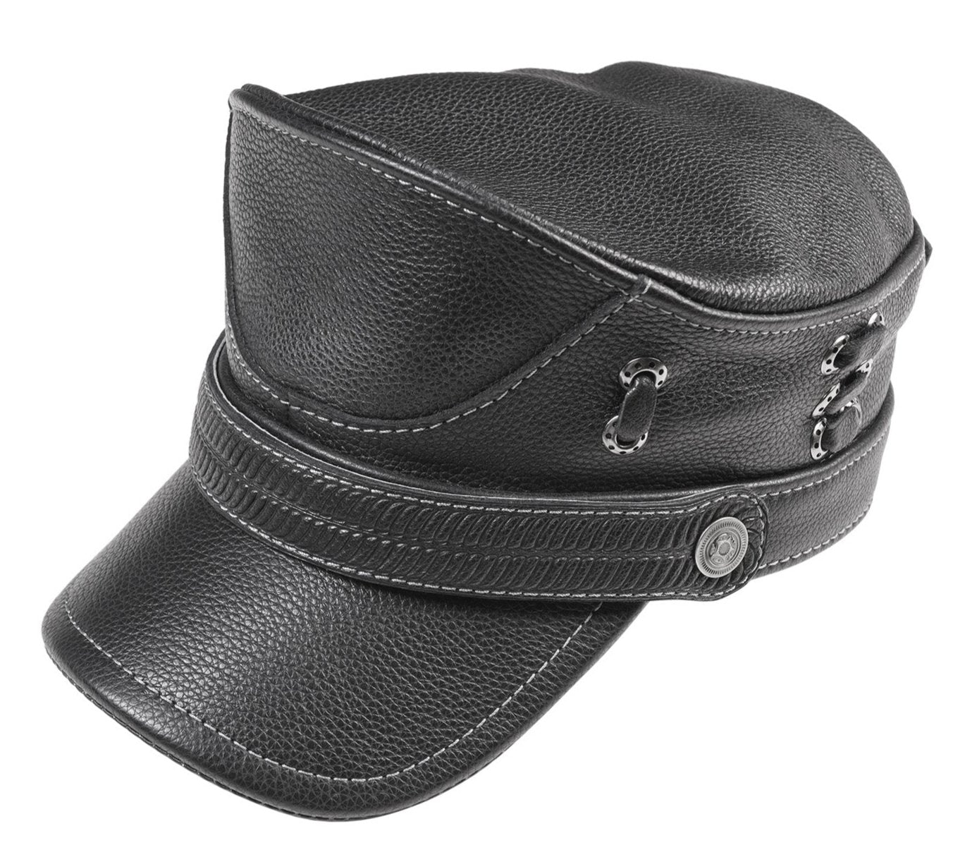 Classic Black Leather Biker Cap with Metal Eyelet and Lace-Up Detailing