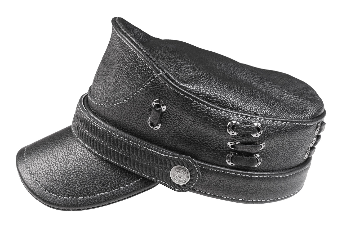 Classic Black Leather Biker Cap with Metal Eyelet and Lace-Up Detailing