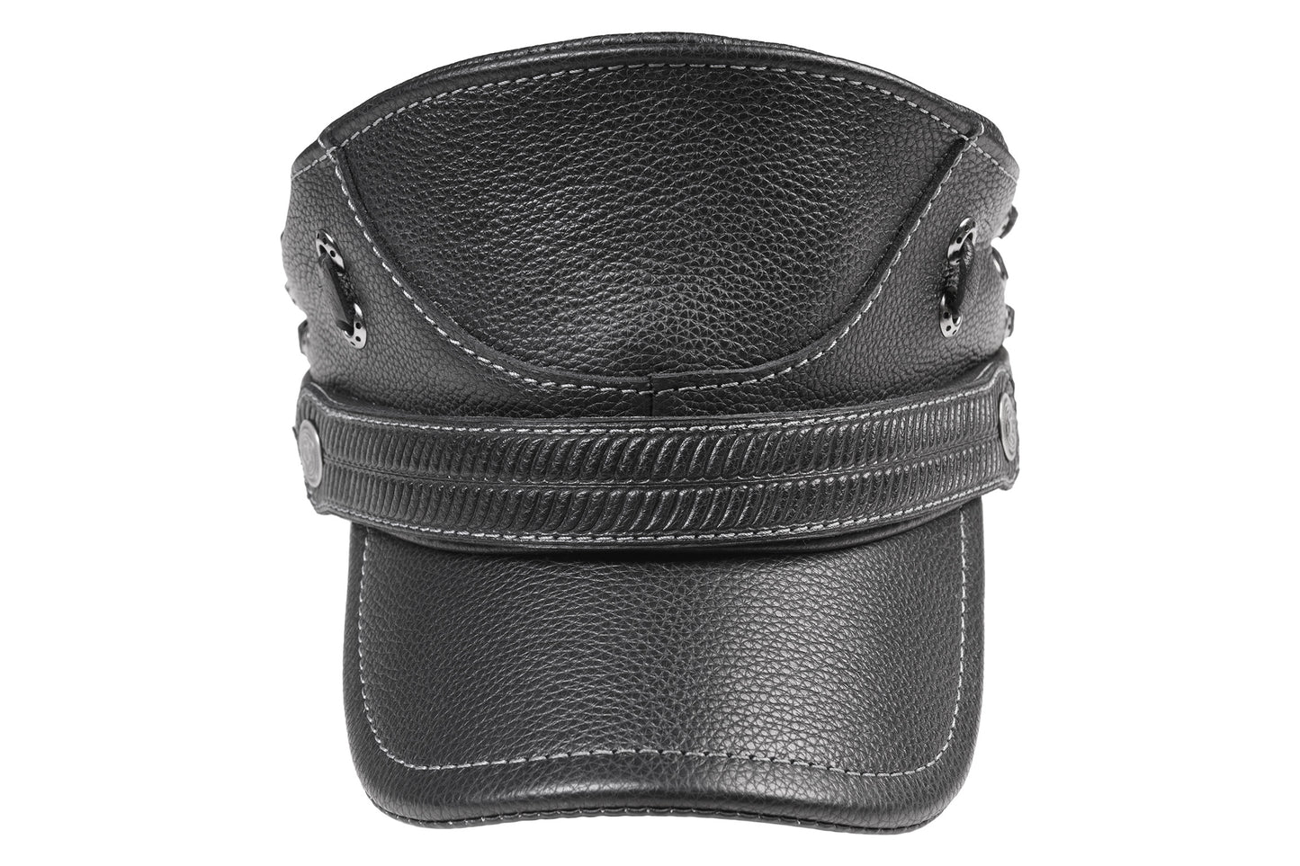 Classic Black Leather Biker Cap with Metal Eyelet and Lace-Up Detailing