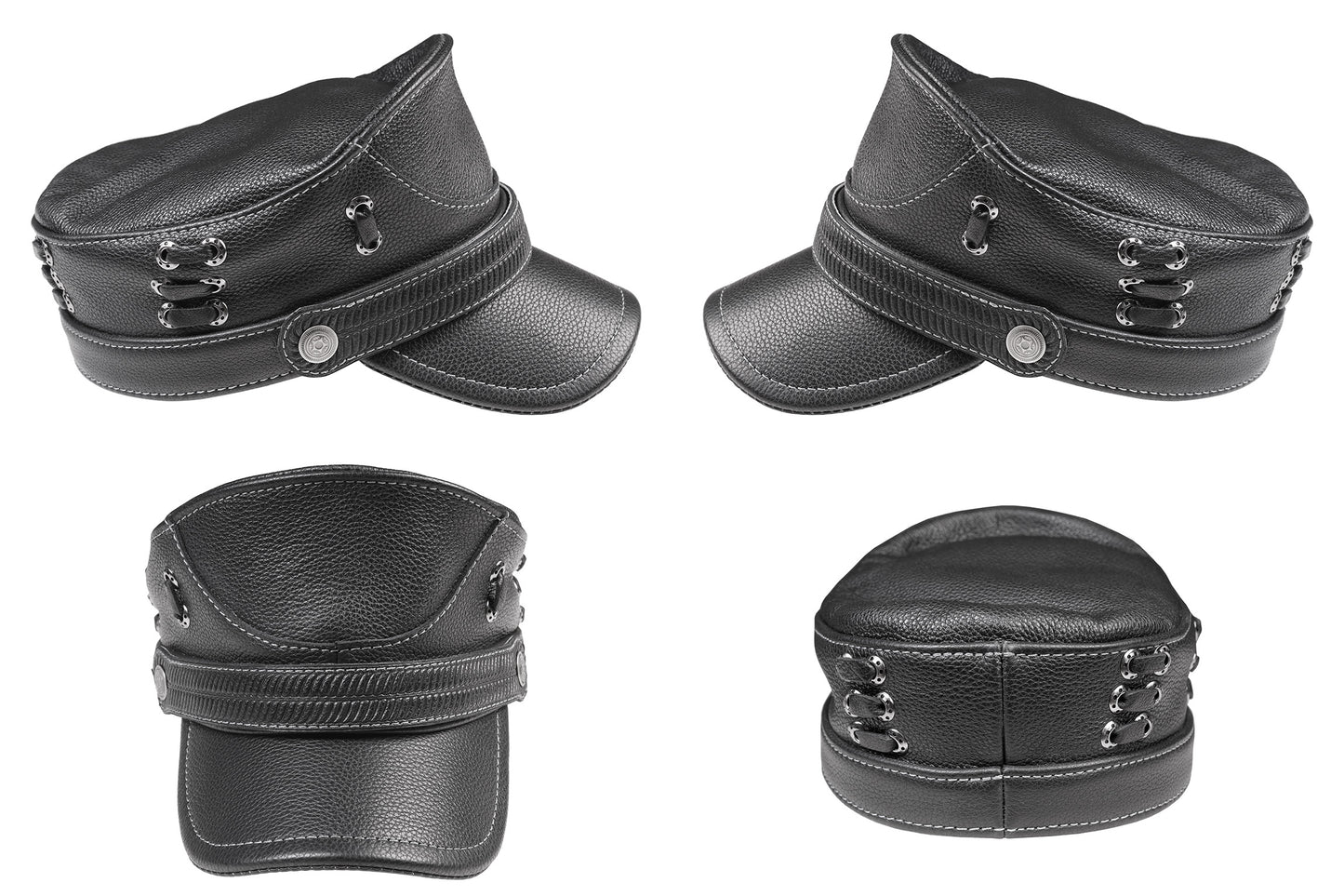 Classic Black Leather Biker Cap with Metal Eyelet and Lace-Up Detailing