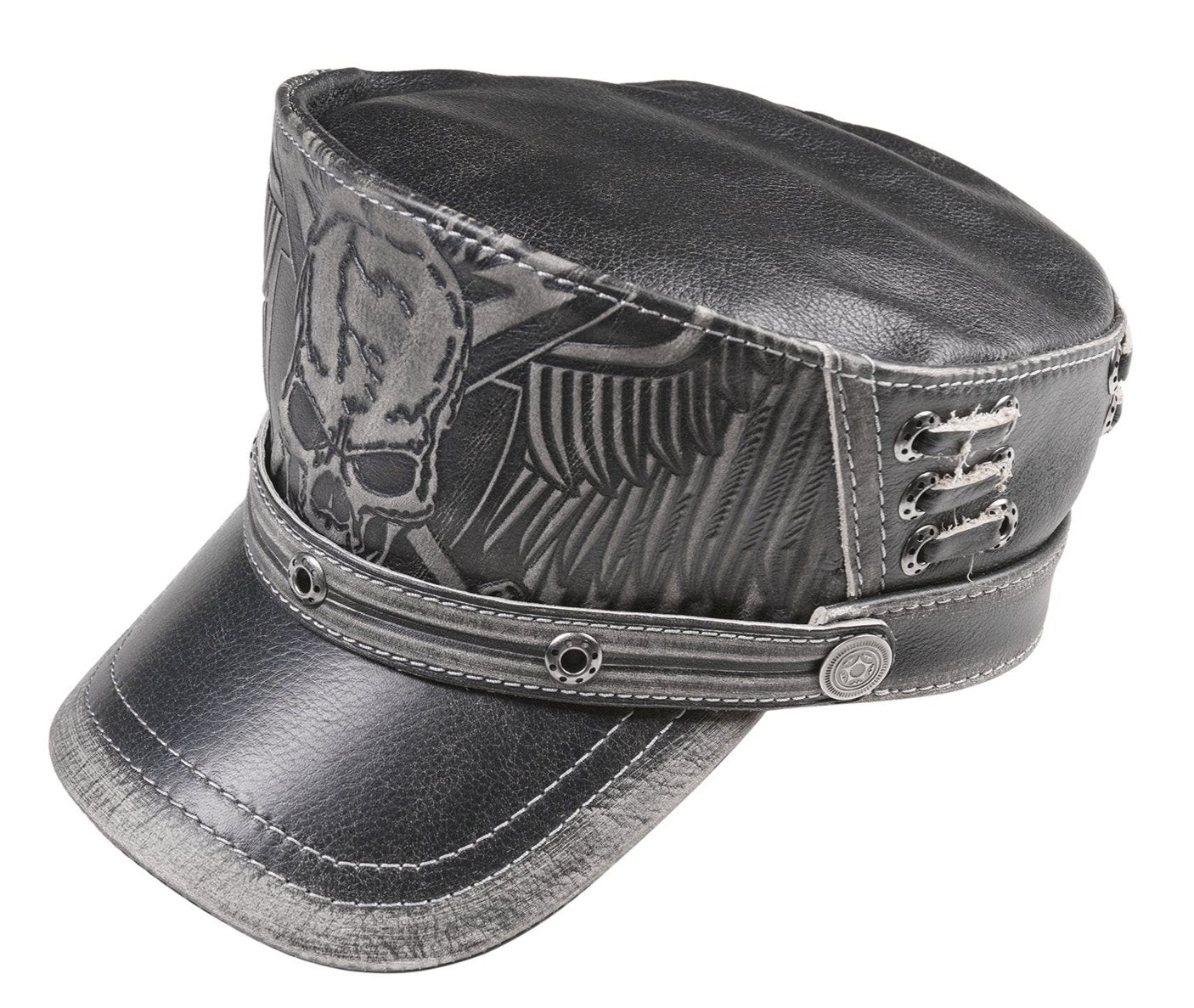 Black Leather Biker Style Skull Cap with Winged Design & Metal Rivets