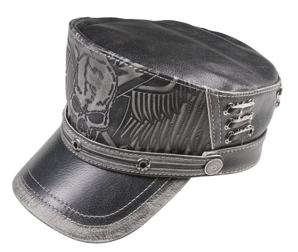 Leather Biker Hat: Handmade Black Military-Style Cap with Skull and Wings Design, Distressed Finish for Men | Apero Bullo