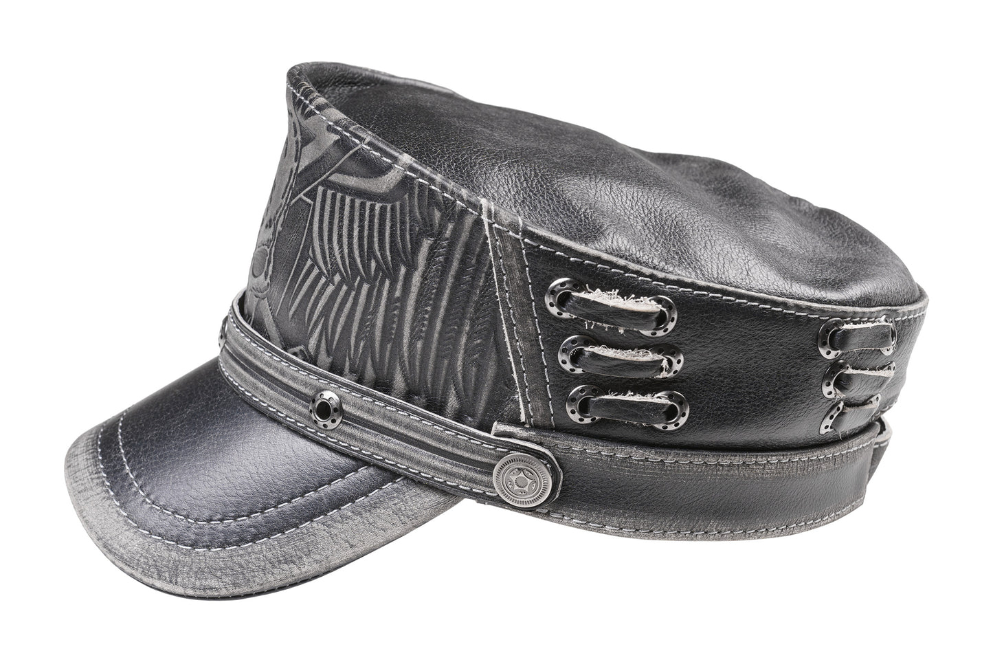 Black Leather Biker Style Skull Cap with Winged Design & Metal Rivets