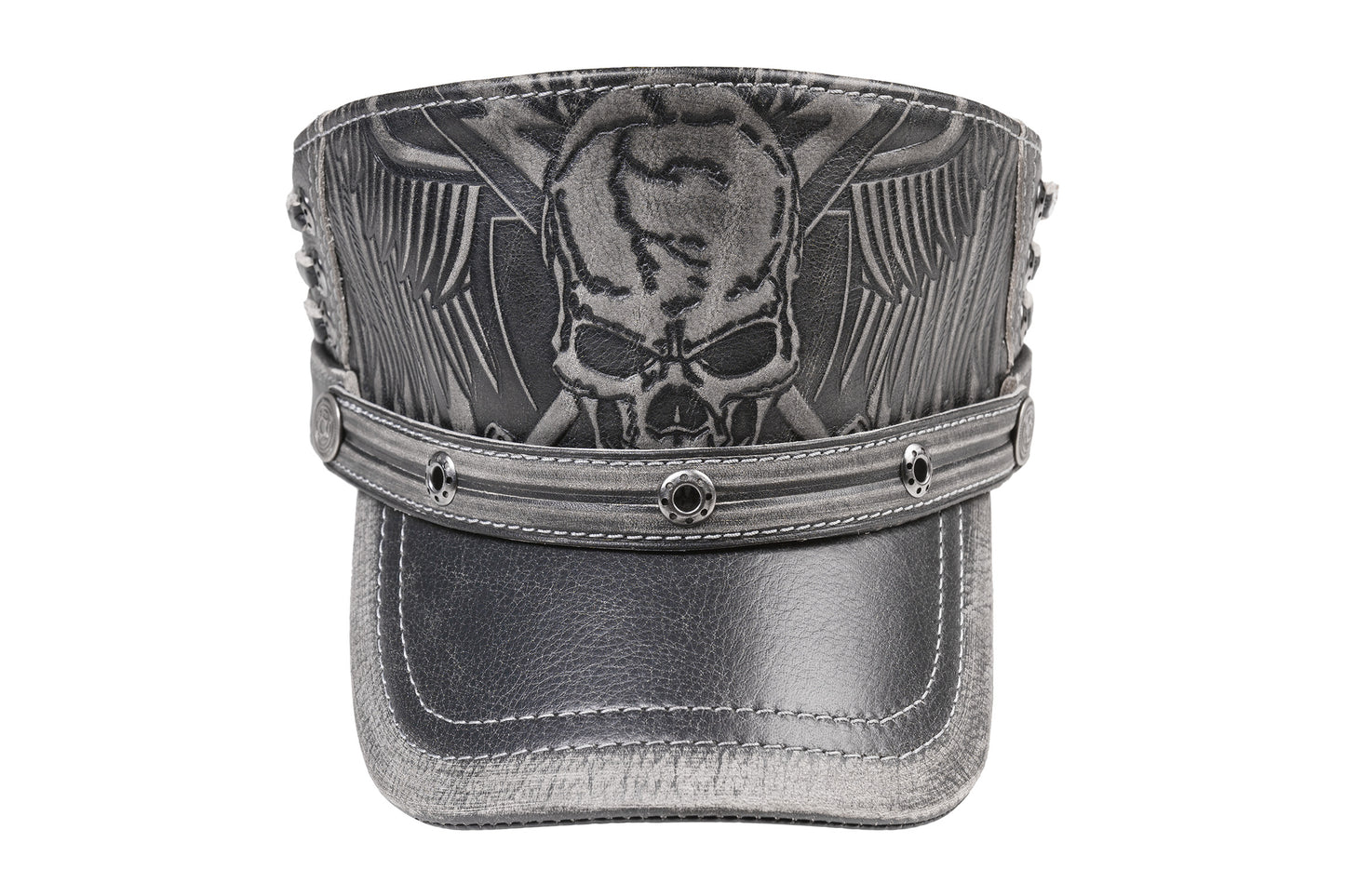 Black Leather Biker Style Skull Cap with Winged Design & Metal Rivets