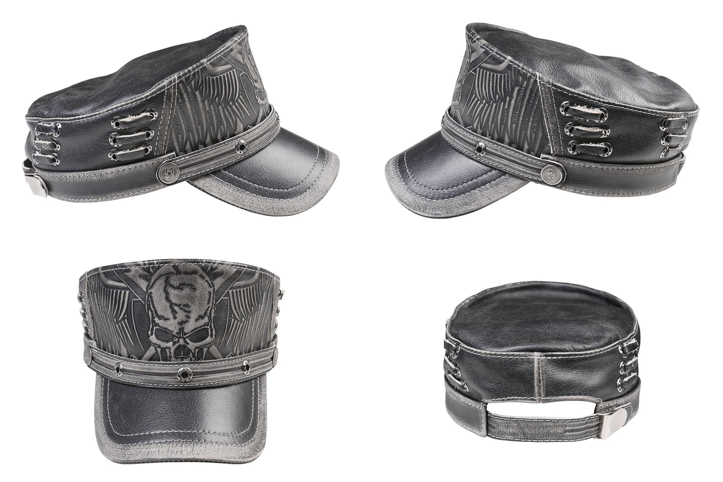 Black Leather Biker Style Skull Cap with Winged Design & Metal Rivets