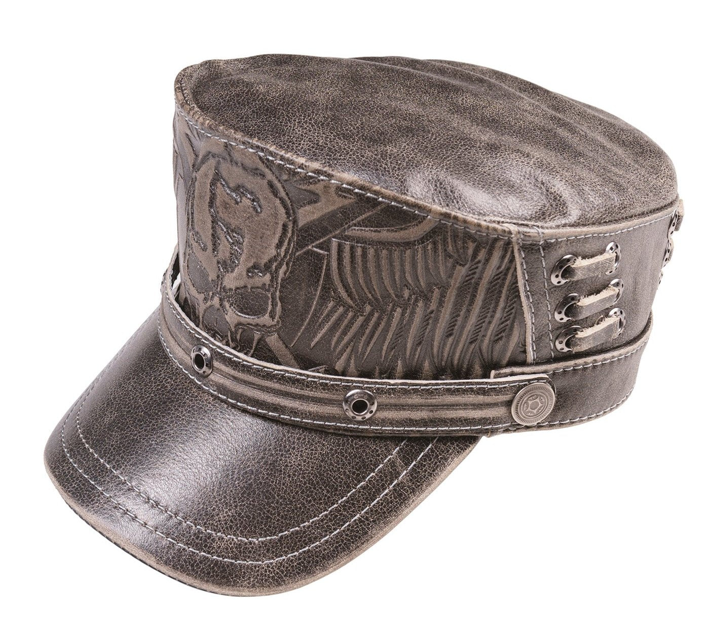 Gray Leather Biker Style Skull Cap with Winged Design & Metal Rivets