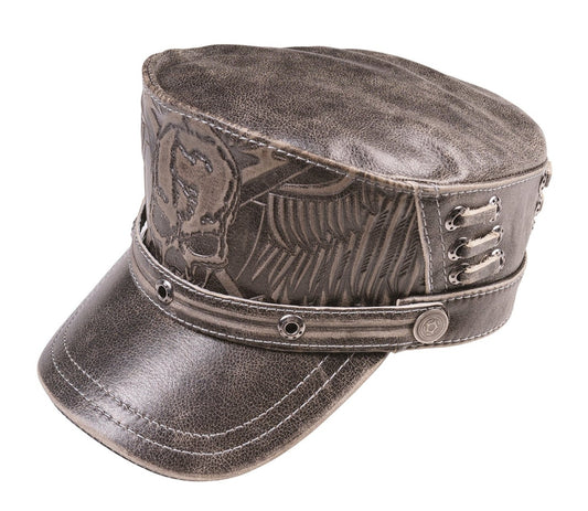 Gray Leather Biker Style Skull Cap with Winged Design & Metal Rivets