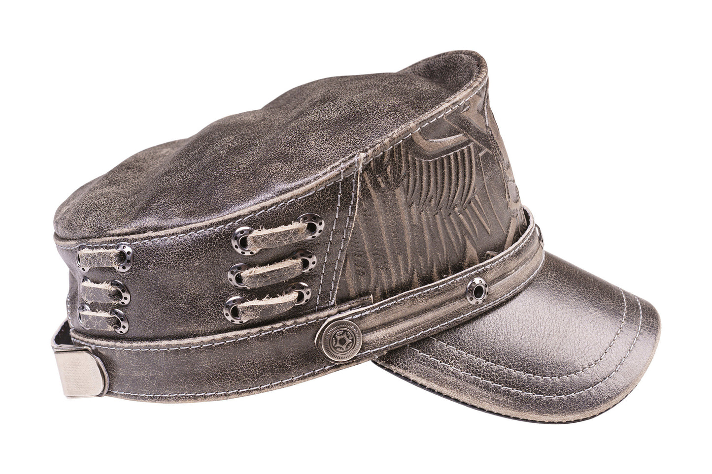 Gray Leather Biker Style Skull Cap with Winged Design & Metal Rivets