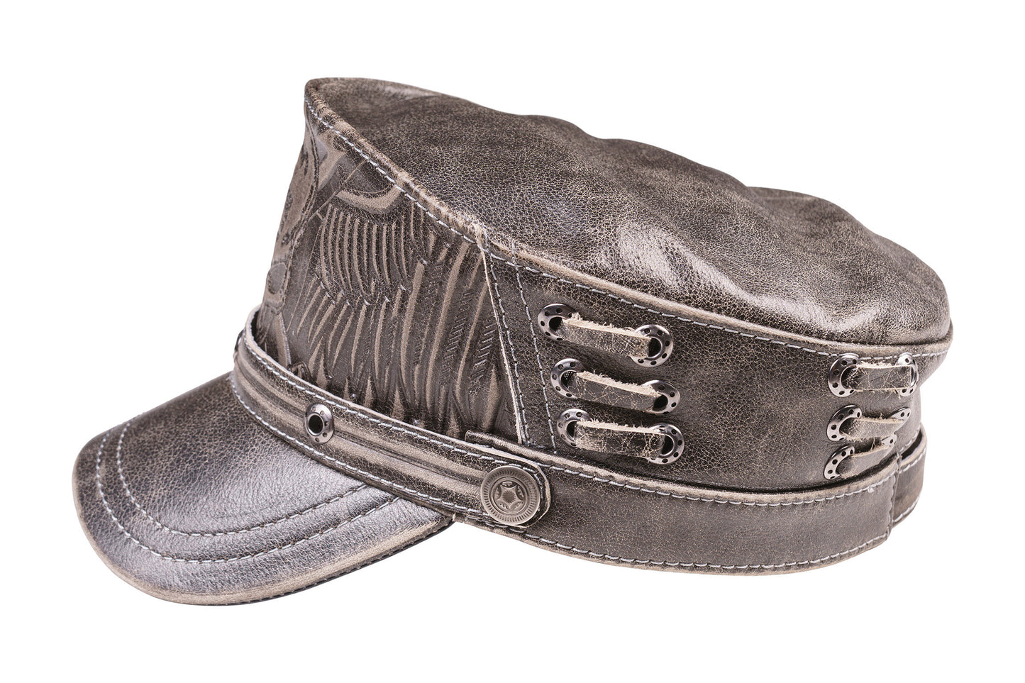 Gray Leather Biker Style Skull Cap with Winged Design & Metal Rivets