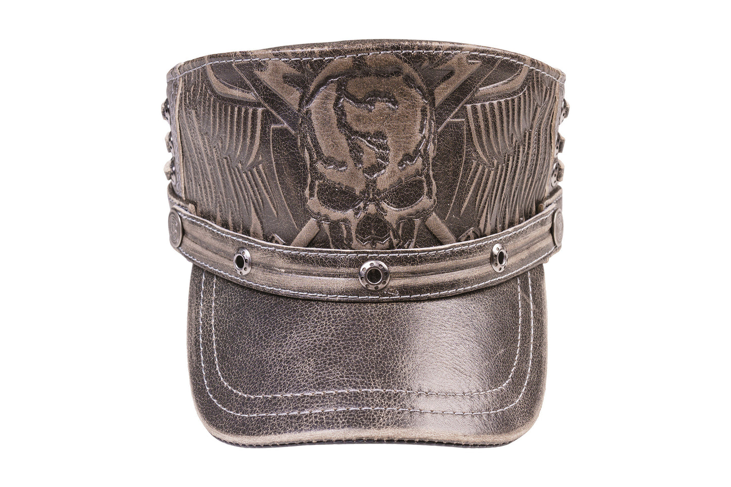 Gray Leather Biker Style Skull Cap with Winged Design & Metal Rivets