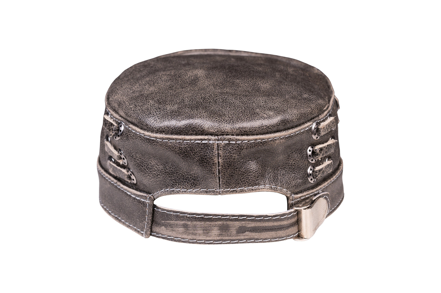 Gray Leather Biker Style Skull Cap with Winged Design & Metal Rivets