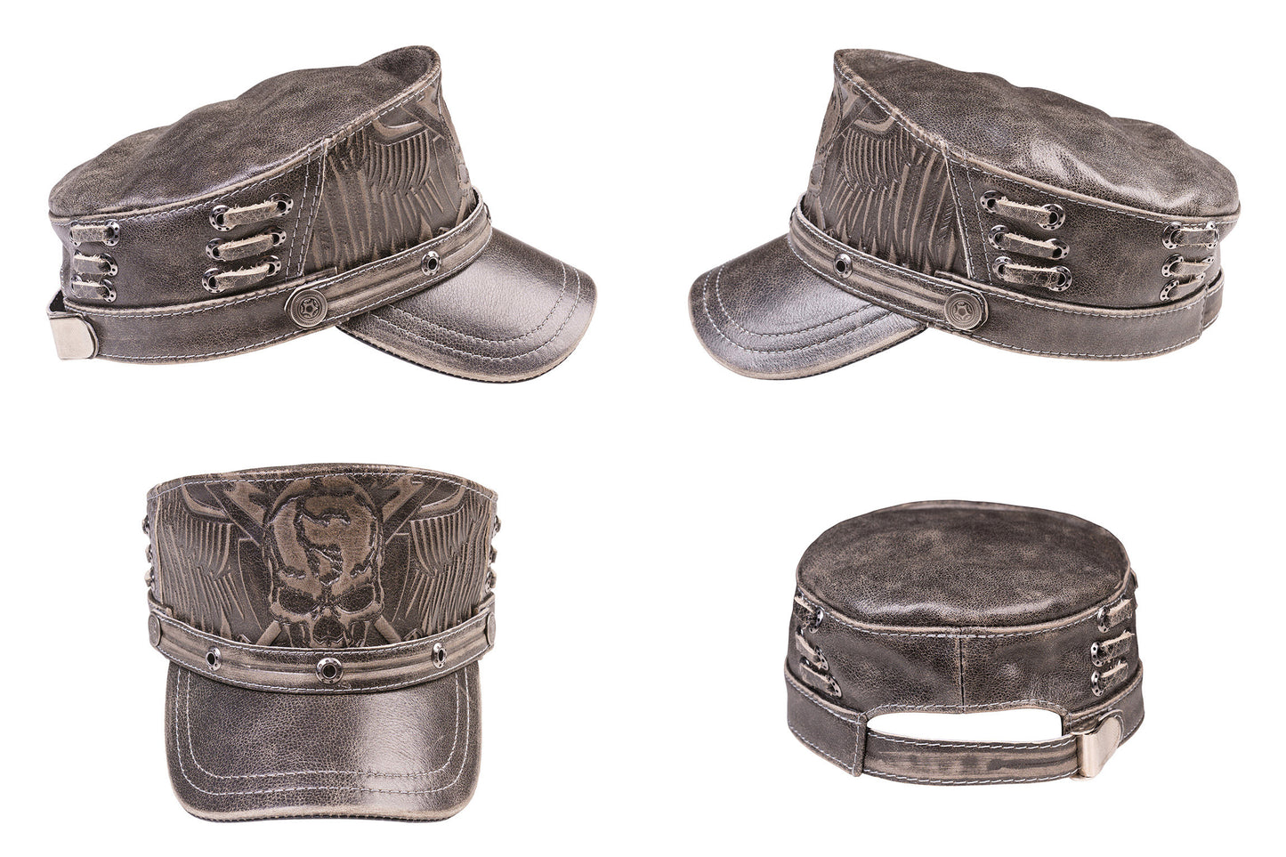 Gray Leather Biker Style Skull Cap with Winged Design & Metal Rivets