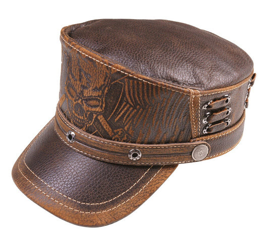 Brown Leather Biker Style Skull Cap with Winged Design & Metal Rivets