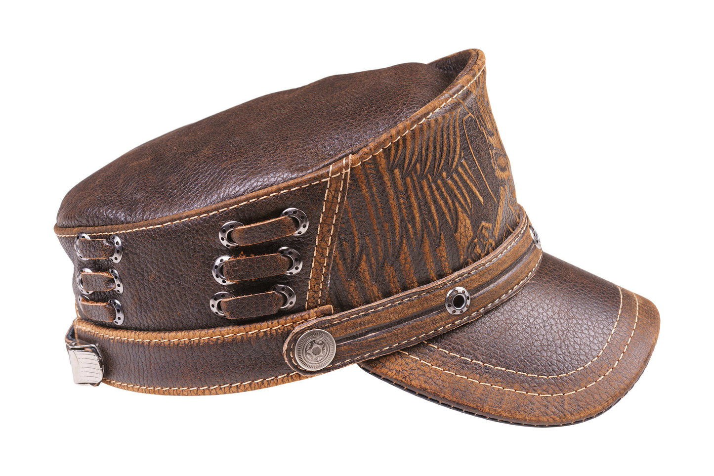 Brown Leather Biker Style Skull Cap with Winged Design & Metal Rivets