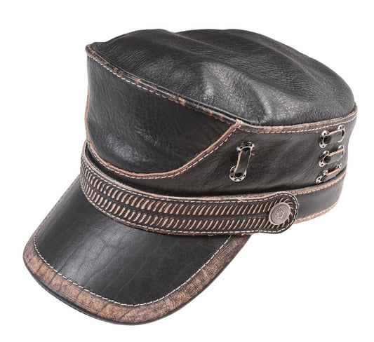 Distressed Black Leather Aviator Cap with Bronze Accents