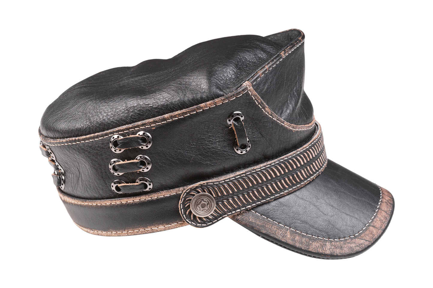 Distressed Black Leather Aviator Cap with Bronze Accents