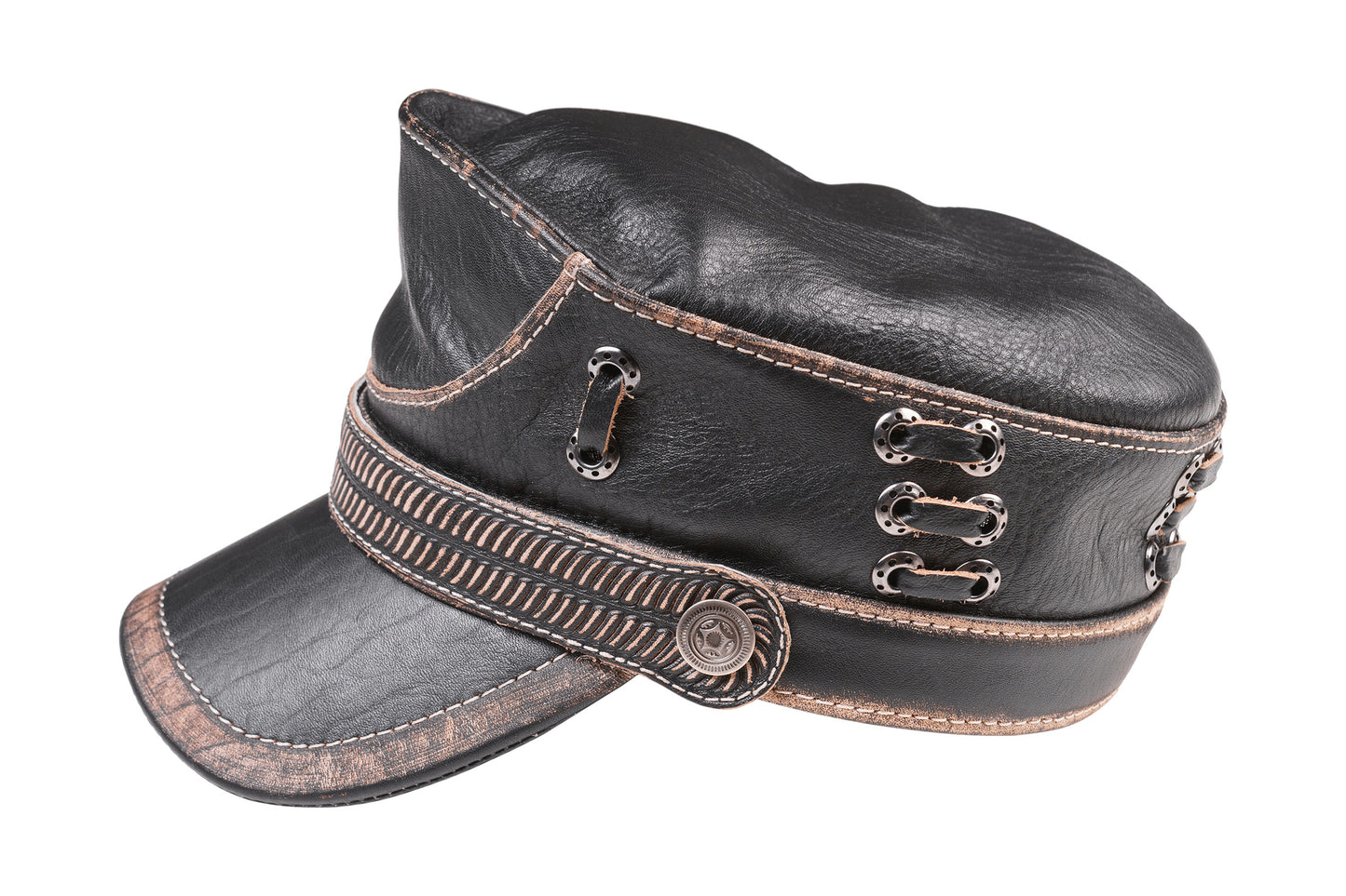 Distressed Black Leather Aviator Cap with Bronze Accents